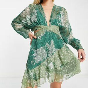 ASOS textured mixed green Dress floral mini with ruffle hem Sz 4 fairy ethereal